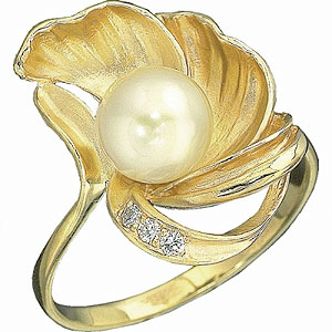 Фотография ювелирного изделия: Кольцо «Золотая жемчужина», 3 бриллианта Кр 57 0,03 ct; жемчуг d 8,0 мм, Золото 585
